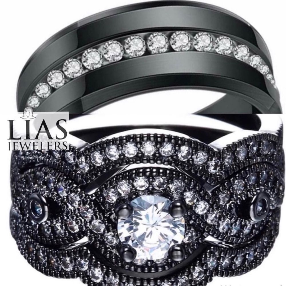 New s925 black gunmetal men’s and women’s wedding ring set